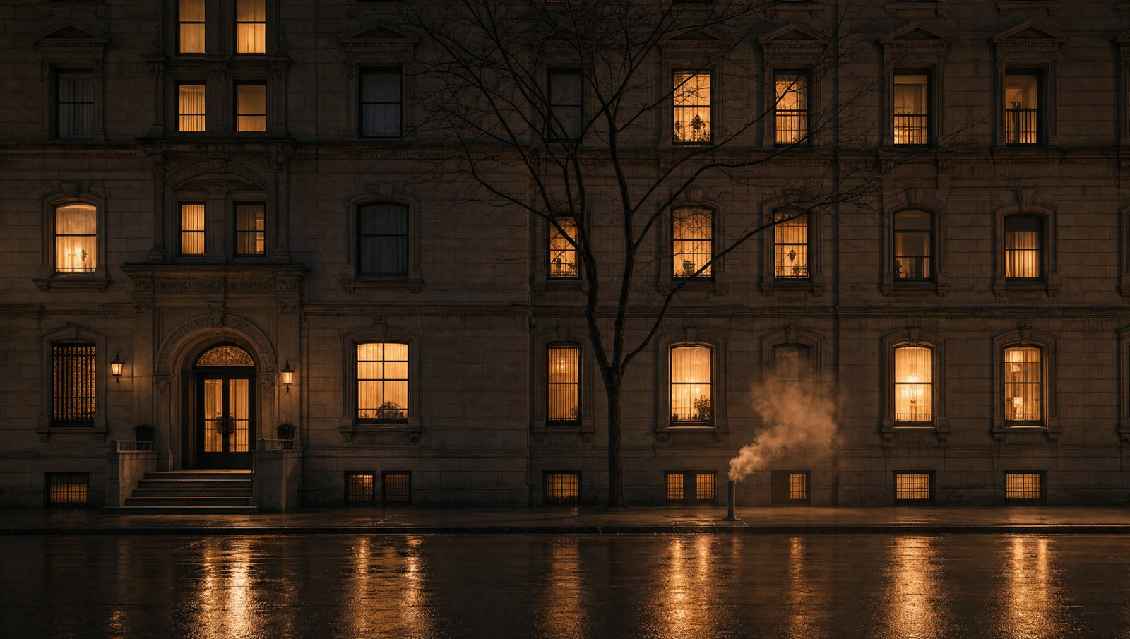 A Manhattan prewar limestone facade at dusk with warm windows lit and a wet street below.
