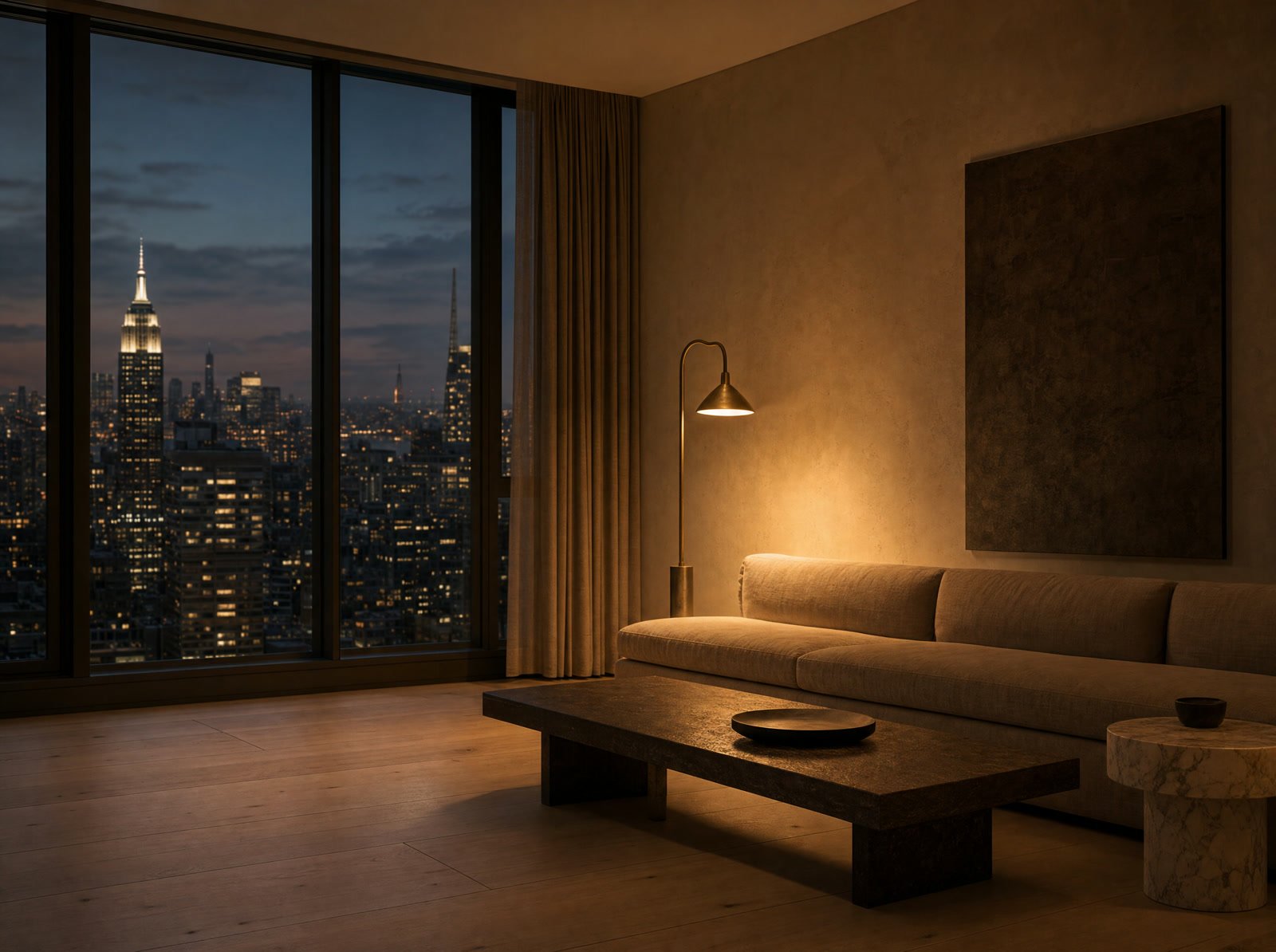 A finished Manhattan living room at dusk with the skyline through floor to ceiling windows.