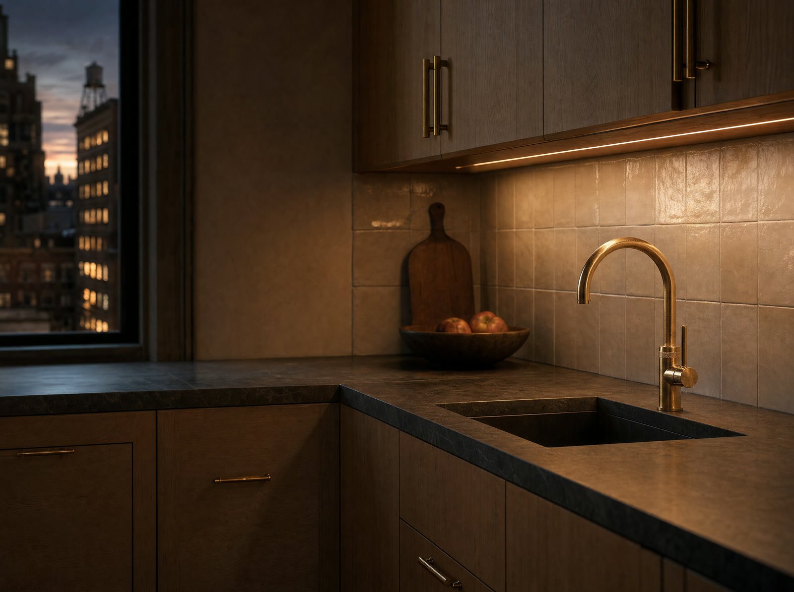 A finished high end kitchen: honed stone counter, oak cabinetry, brass faucet under warm light.