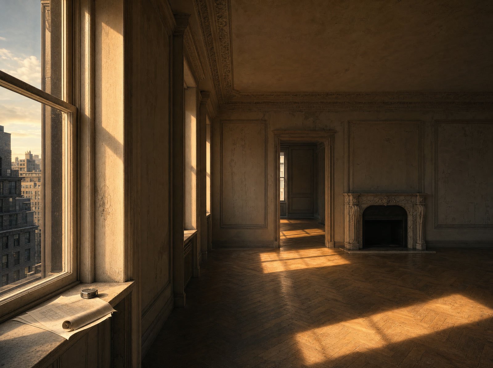 The grand empty living room of a prewar Park Avenue apartment: tall windows, herringbone floor, marble fireplace, folded drawings and a tape measure on the sill.